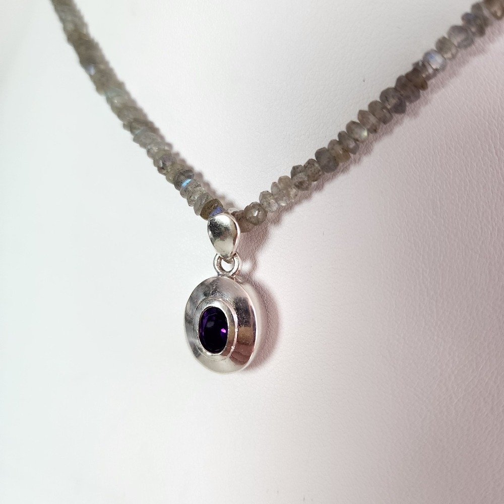 vintage labradorite beaded necklace with a sterling silver & amethyst pendant